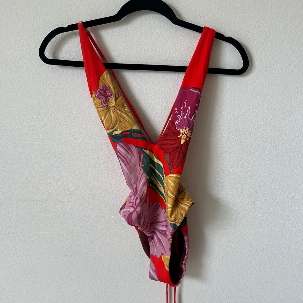 Maaji one piece reversible swimsuit in red orange floral print Medium